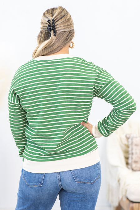 Green Crewneck Stripe Pullover Knit Top