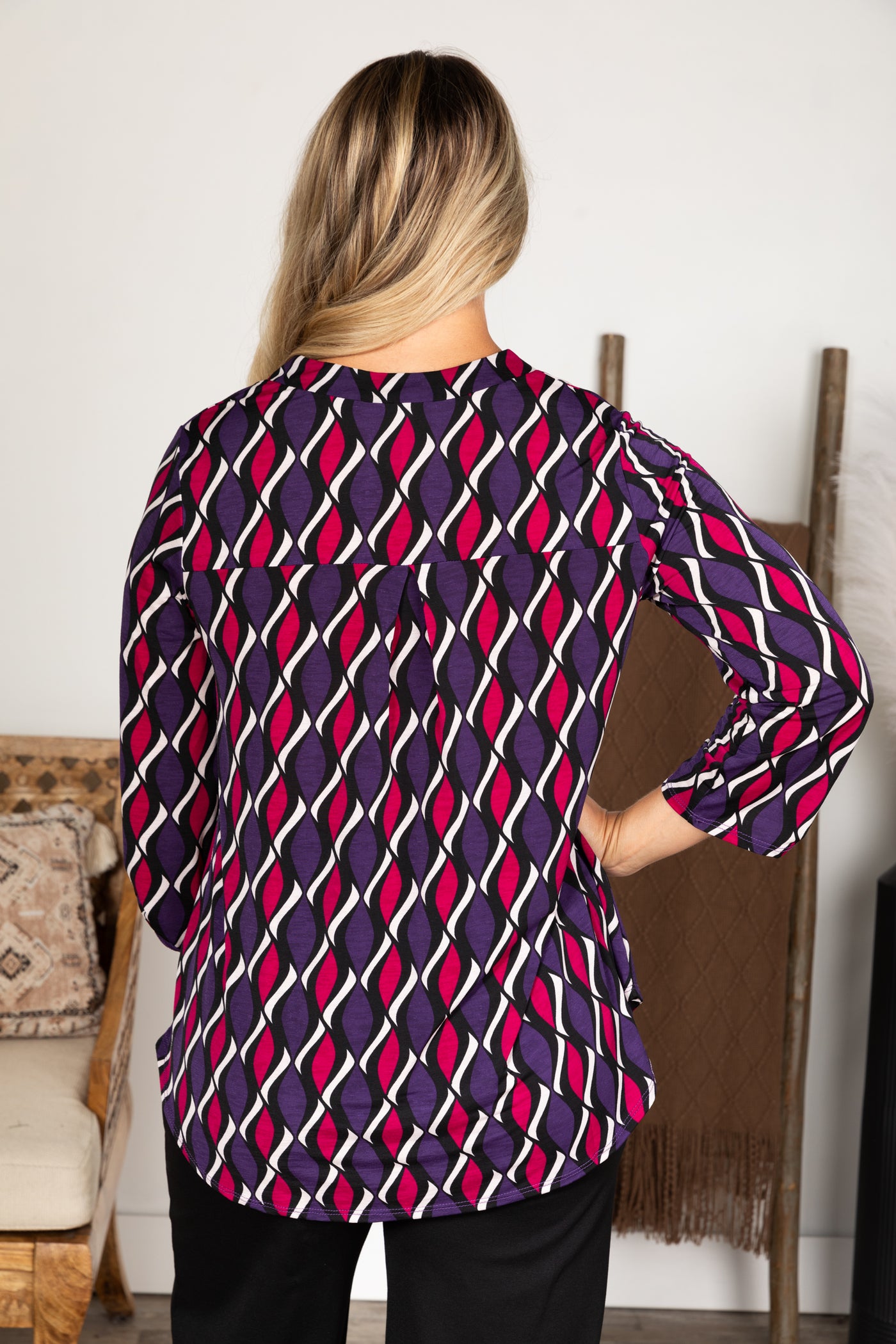 Plum And Magenta Print Wrinkle Free Lizzy Top