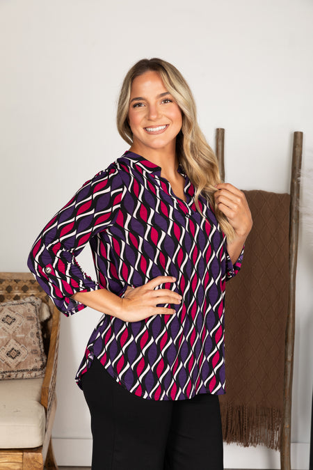 Plum And Magenta Print Wrinkle Free Lizzy Top