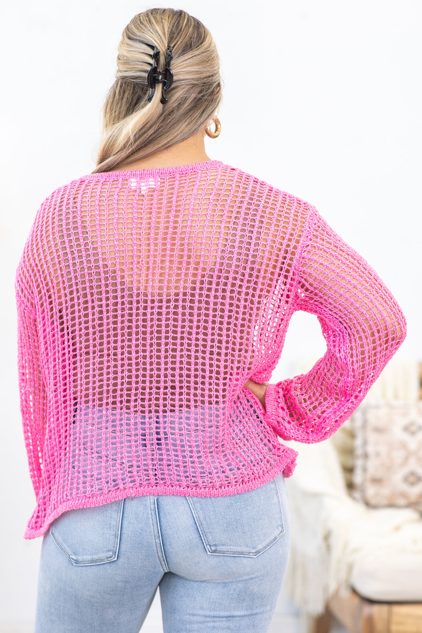 Drop Shoulder Fishnet Top With Sequins