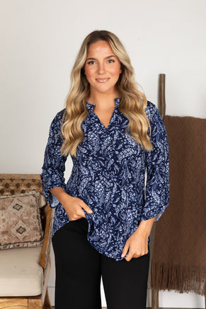 Navy And Pastel Blue Wrinkle Free Lizzy Top