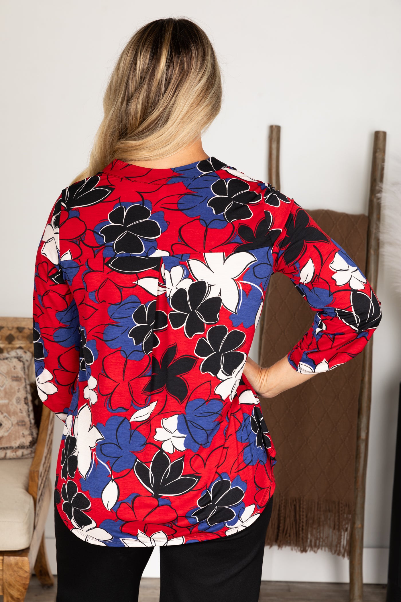 Red And Navy Floral Wrinkle Free Lizzy Top