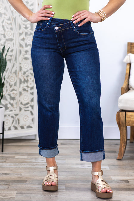 Risen Cross Over Waist Straight Leg Jeans