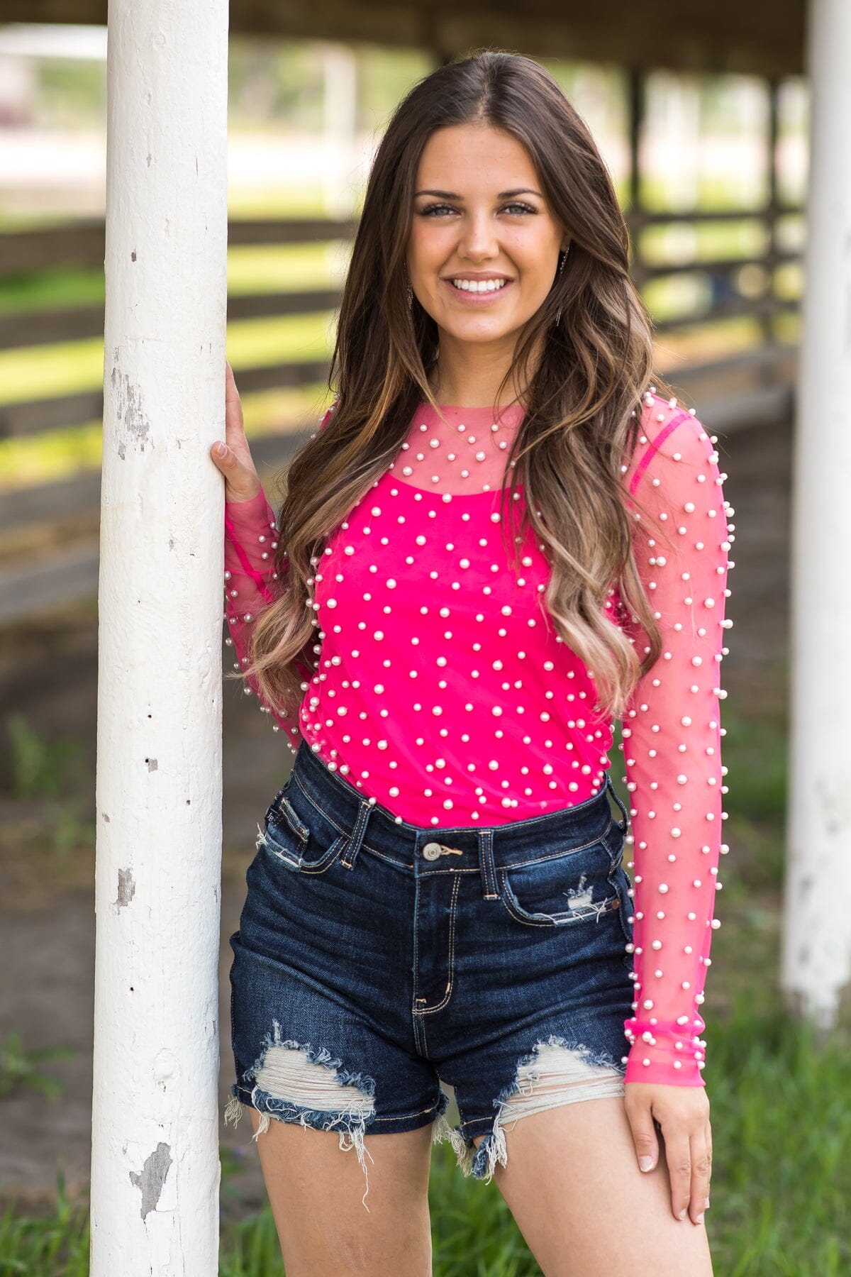 Hot Pink Long Sleeve Top With Pearls - Filly Flair