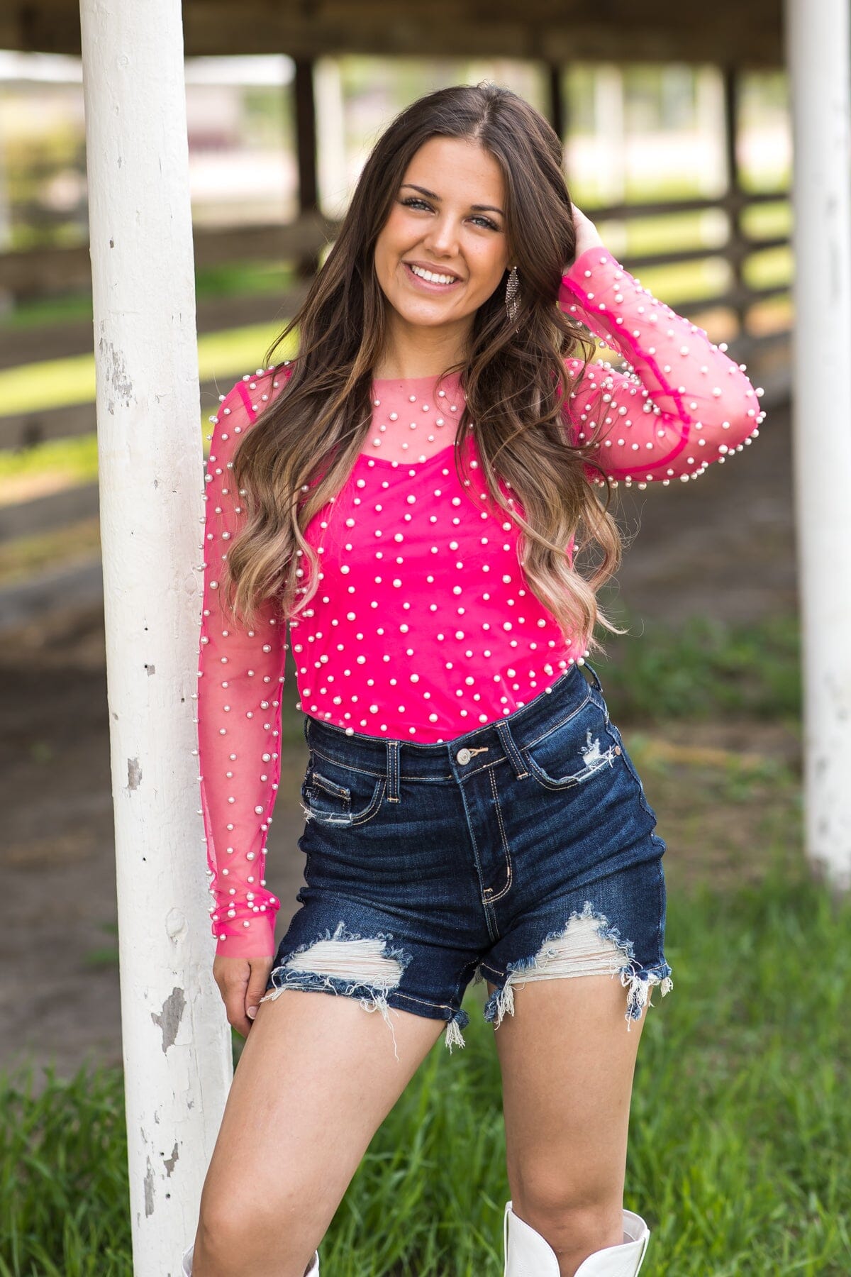 Hot Pink Long Sleeve Top With Pearls - Filly Flair