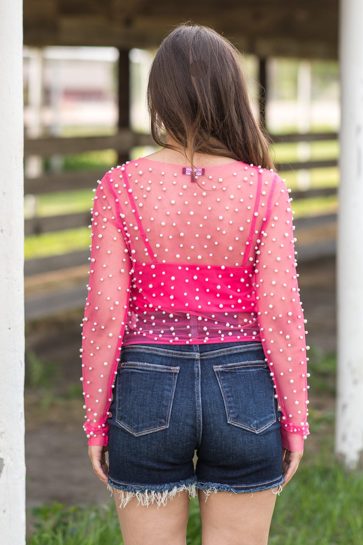 Hot Pink Long Sleeve Top With Pearls - Filly Flair