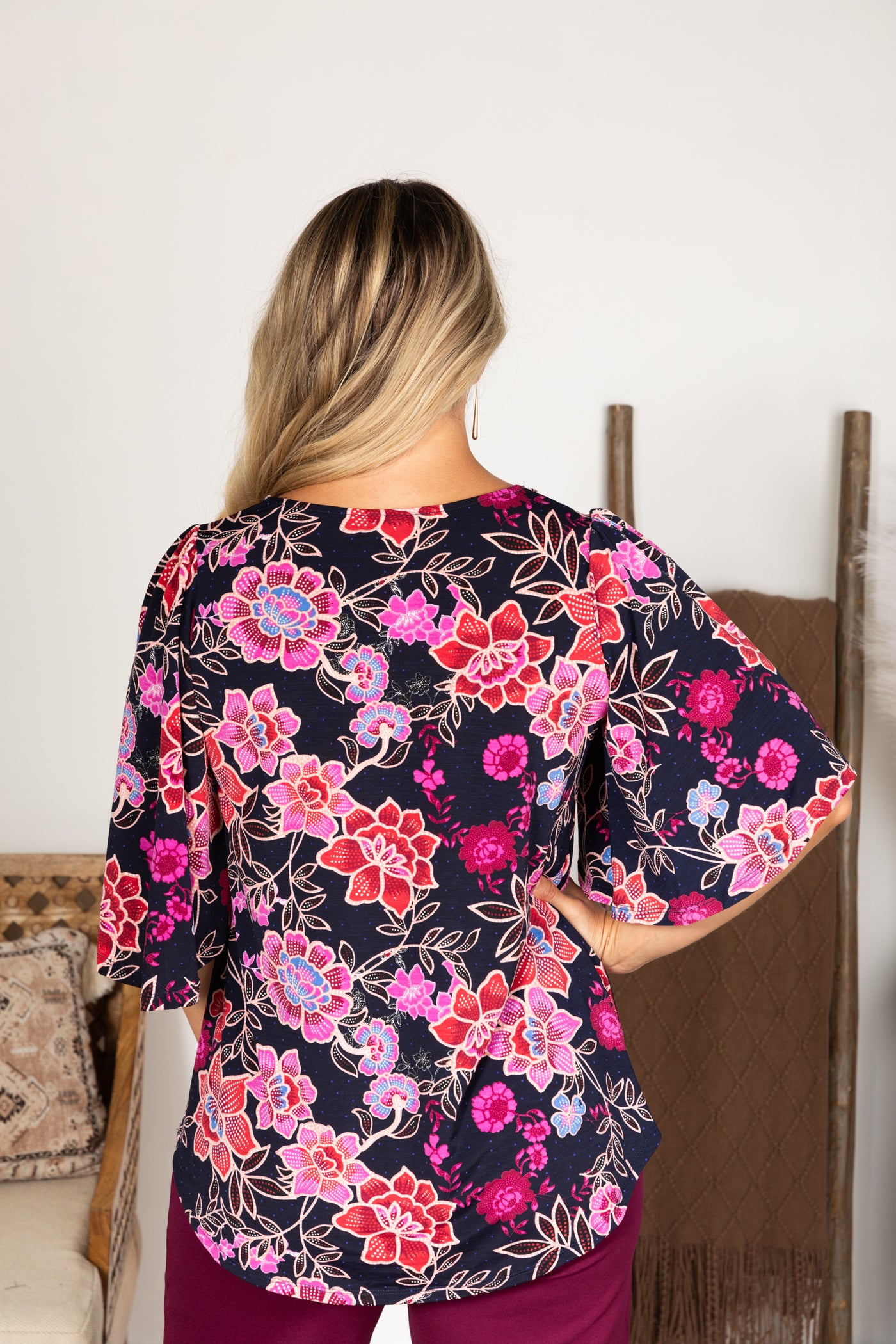 Navy Floral Dolman Sleeve Wrinkle Free Top