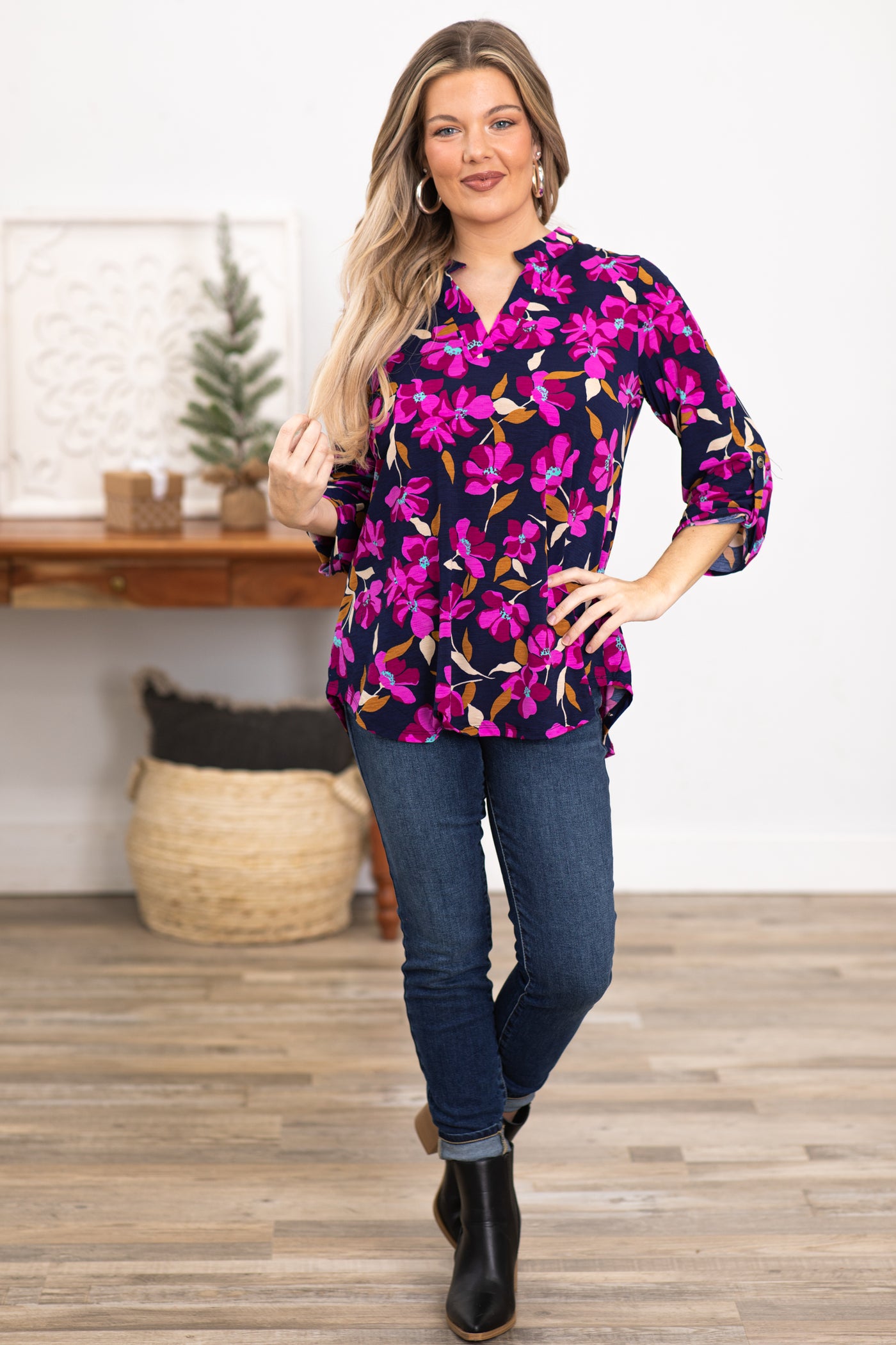 Navy and Orchid Floral Wrinkle Free Lizzy Top