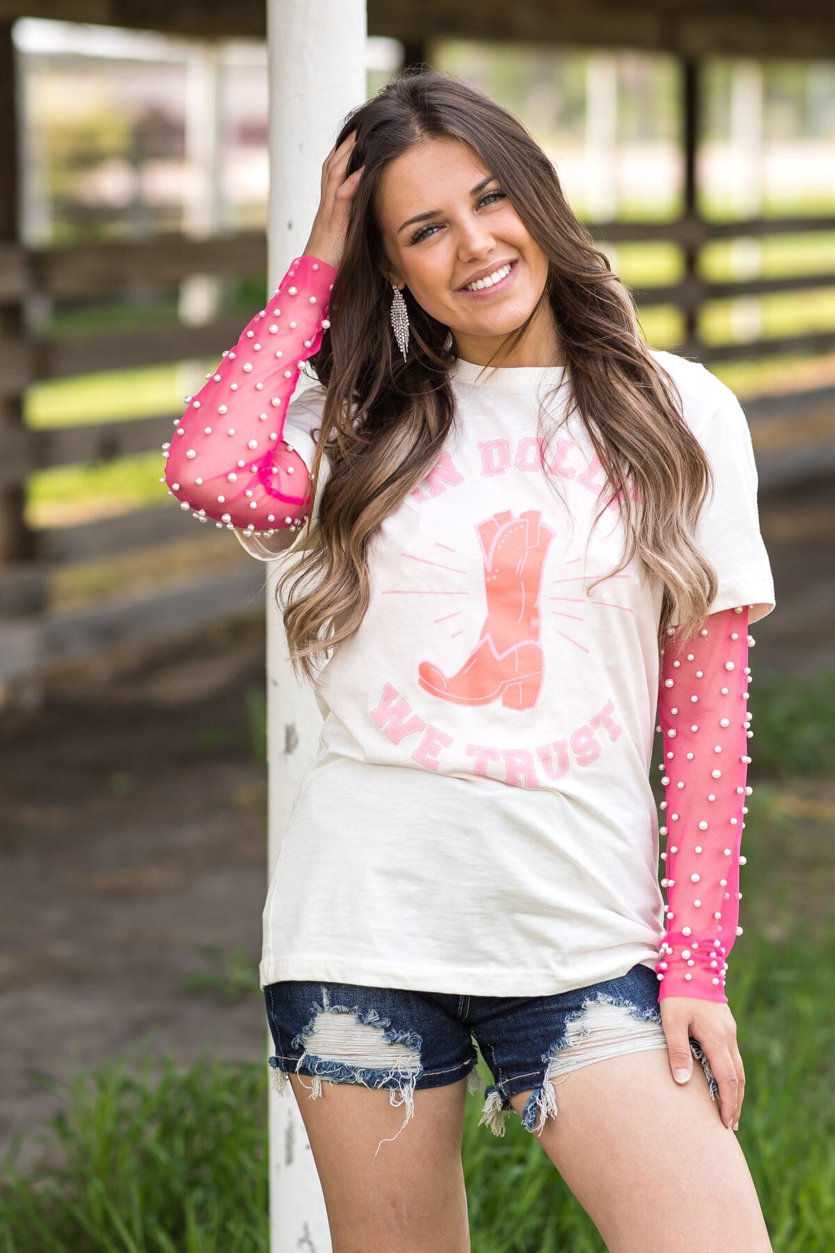 Hot Pink Long Sleeve Top With Pearls - Filly Flair