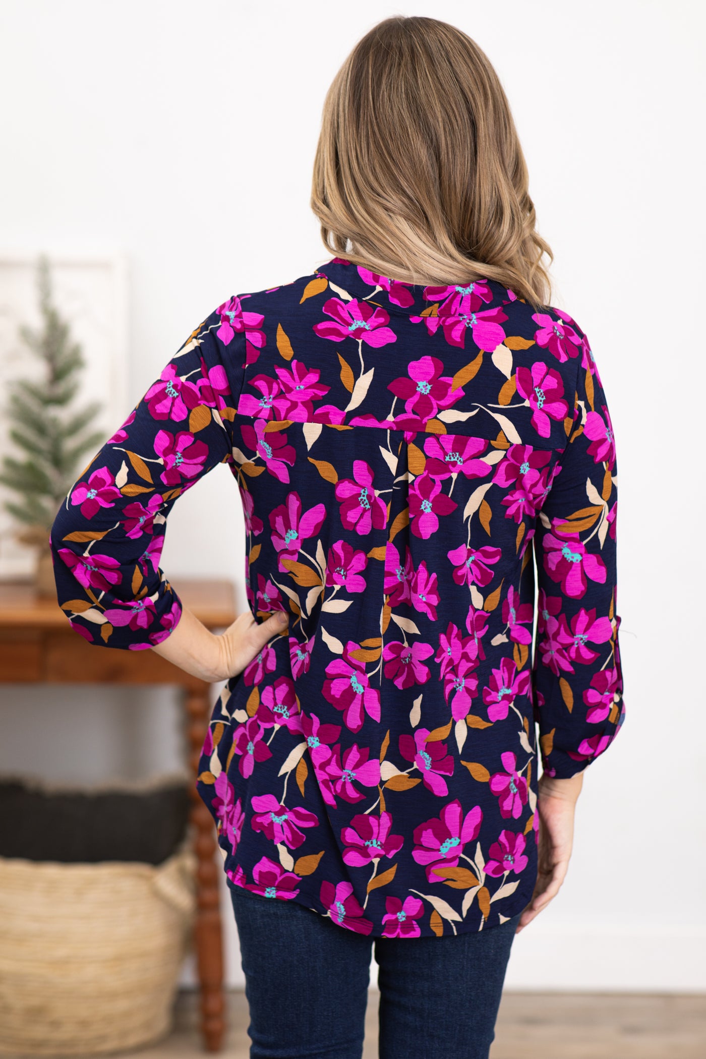 Navy and Orchid Floral Wrinkle Free Lizzy Top