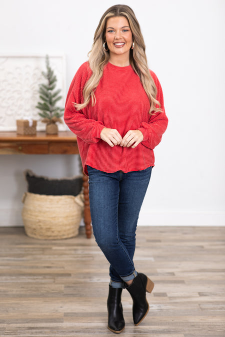 Red Horizontal Ribbed Dolman Sleeve Top