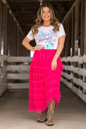 Hot Pink Tulle Midi Skirt With Pearl Detail - Filly Flair