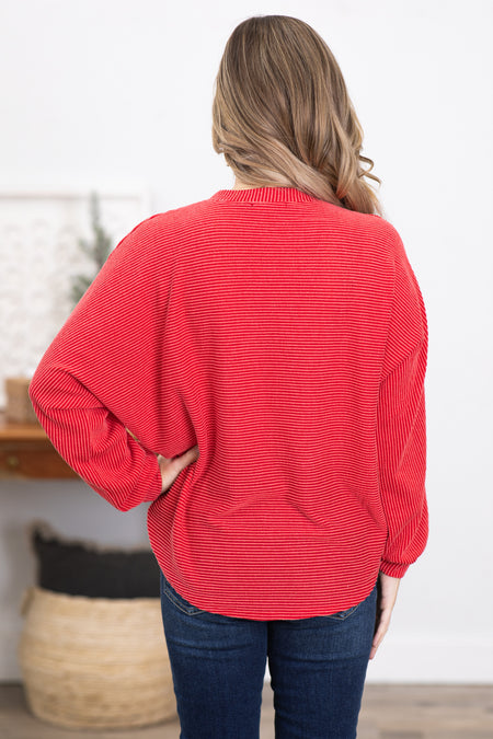 Red Horizontal Ribbed Dolman Sleeve Top