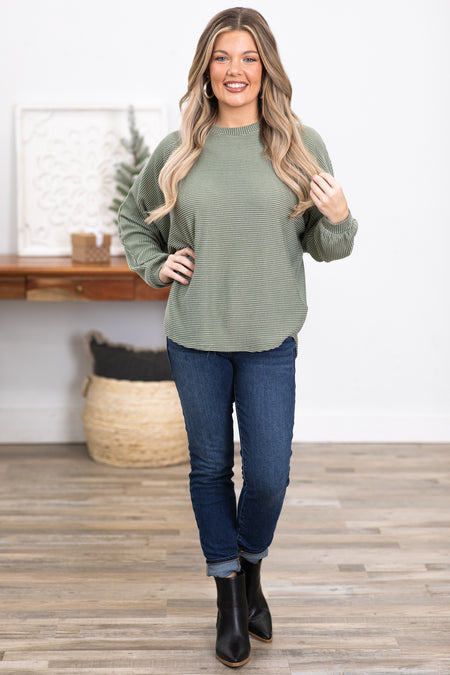 Green Horizontal Ribbed Dolman Sleeve Top