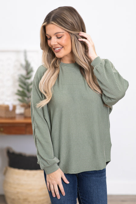 Green Horizontal Ribbed Dolman Sleeve Top