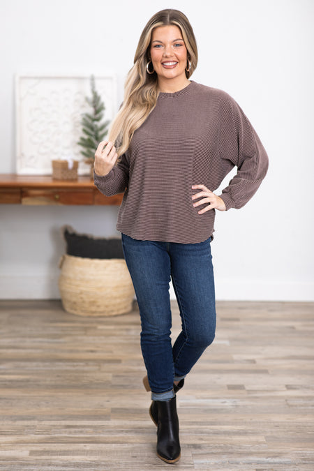 Brown Horizontal Ribbed Dolman Sleeve Top