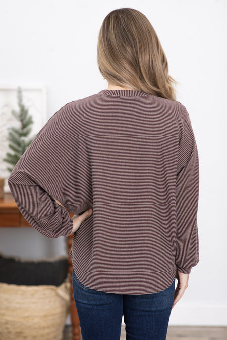 Brown Horizontal Ribbed Dolman Sleeve Top