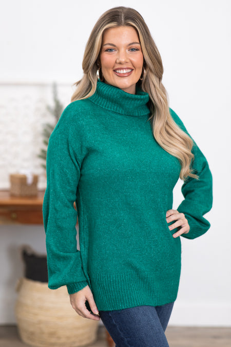 Emerald Balloon Sleeve Turtleneck Sweater