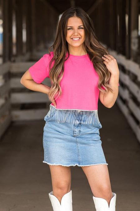 Pink Short Sleeve Top With Rhinestone Fringe - Filly Flair