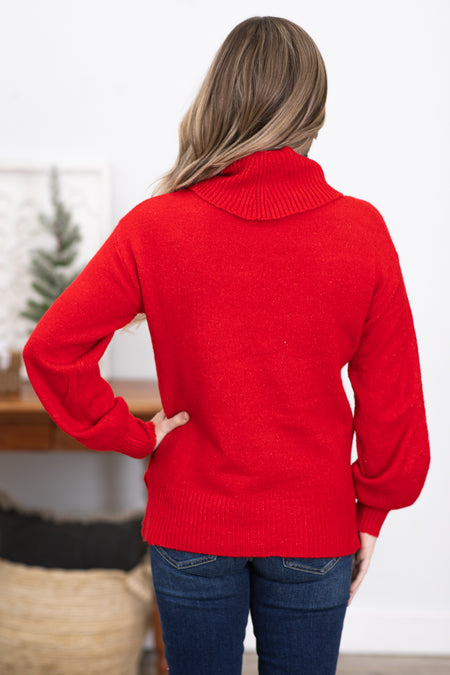 Red Balloon Sleeve Turtleneck Sweater