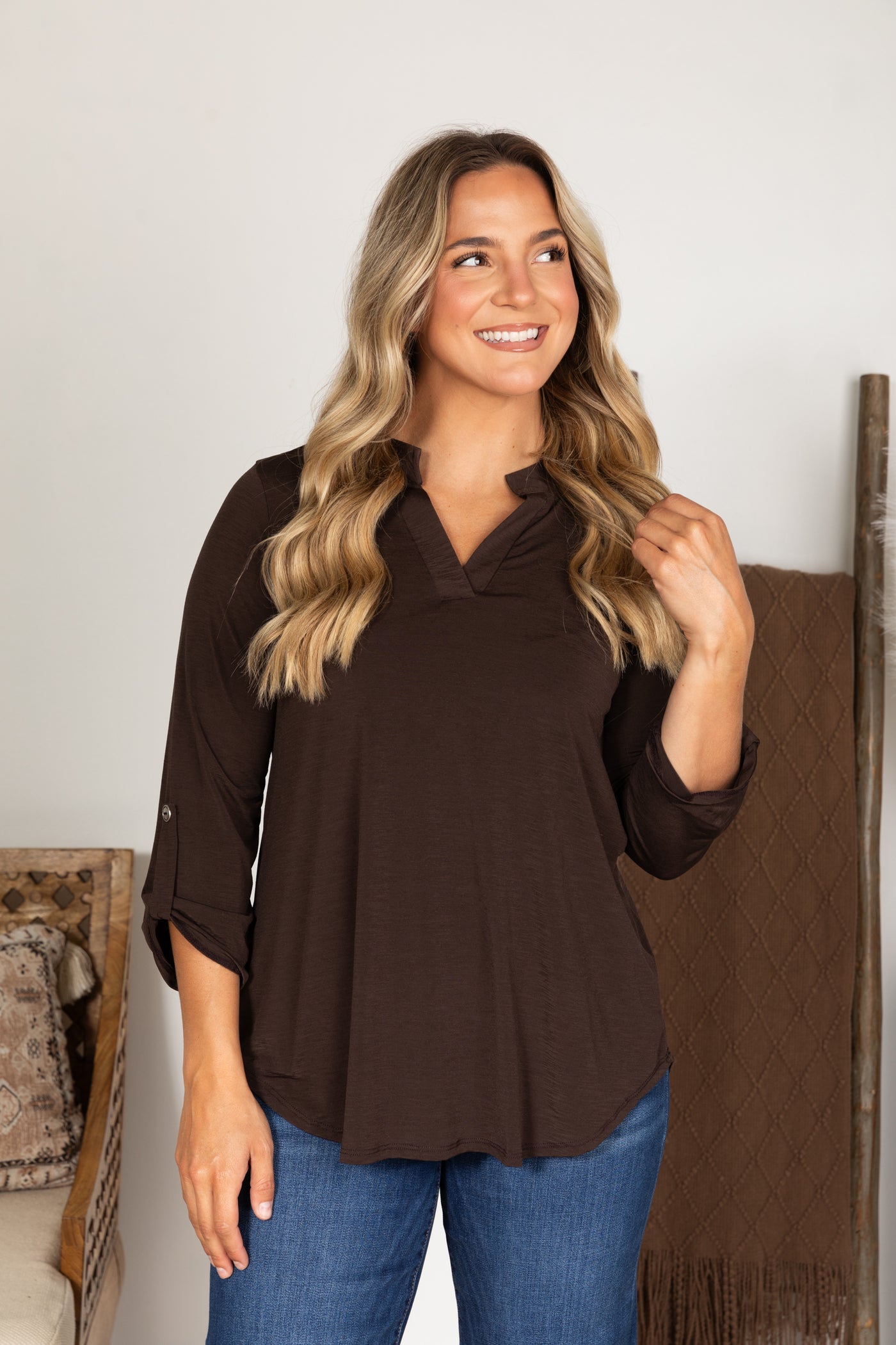 Solid Notch Wrinkle Free Lizzy Top