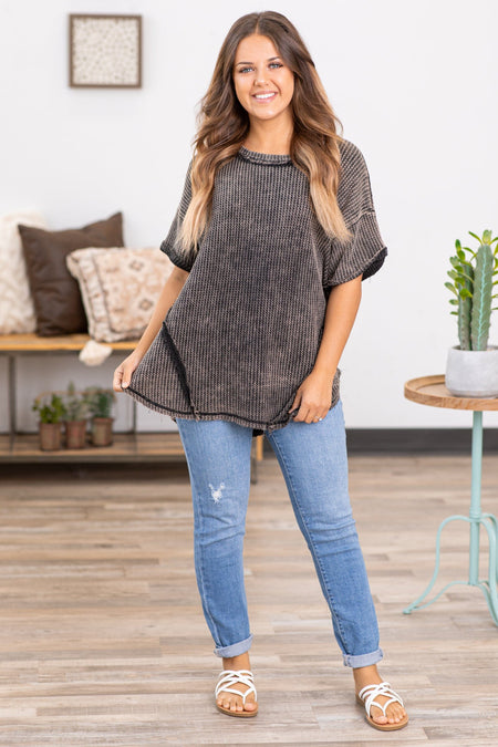 Charcoal Washed Reverse Seam Waffle Knit Top - Filly Flair