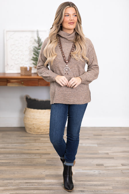 Mocha Balloon Sleeve Turtleneck Sweater