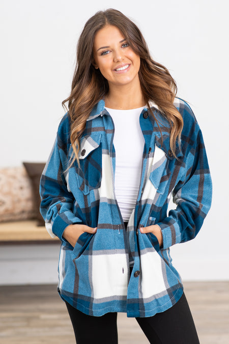 Teal and Off White Plaid Shacket