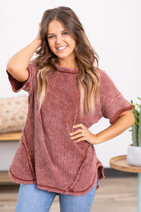 Maroon Washed Reverse Seam Waffle Knit Top - Filly Flair