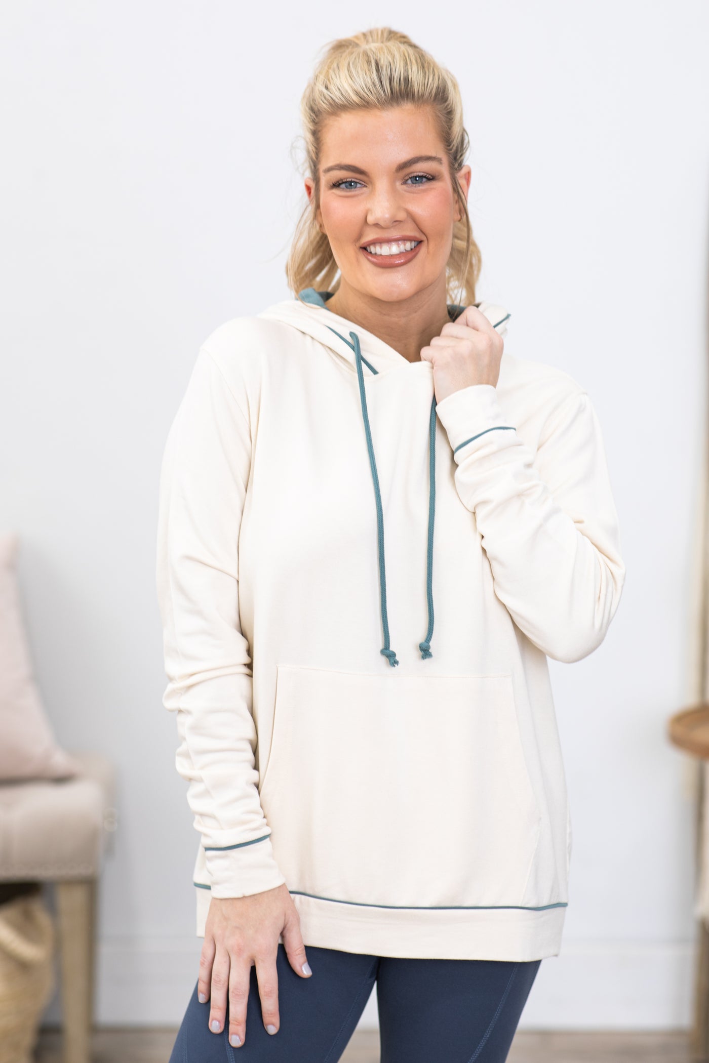 Ivory With Seafoam Contrast Hoodie