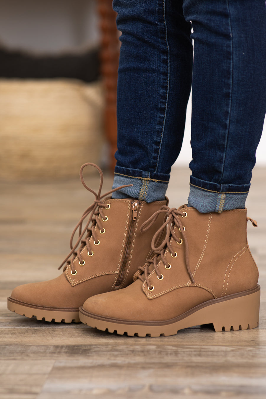 Tan Lace Up Sole Wedge Booties