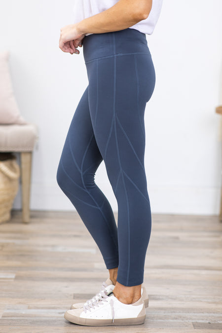 Blue Grey High Waist Leggings With Seam Detail