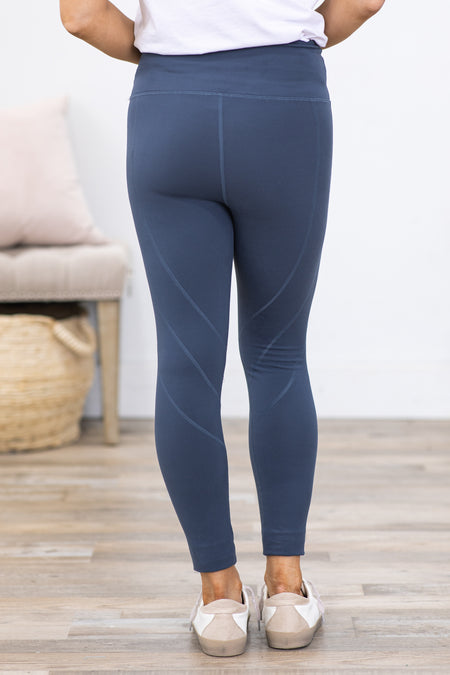 Blue Grey High Waist Leggings With Seam Detail