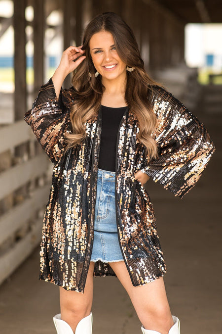 Black and Rose Gold Sequin Kimono - Filly Flair