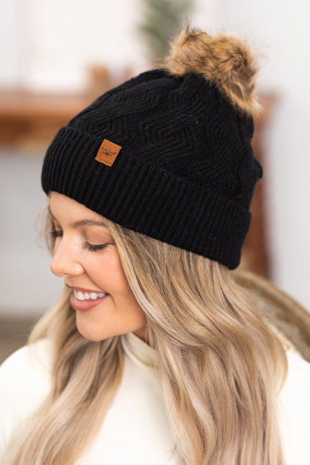 Black Plush Lined Beanie With Pom