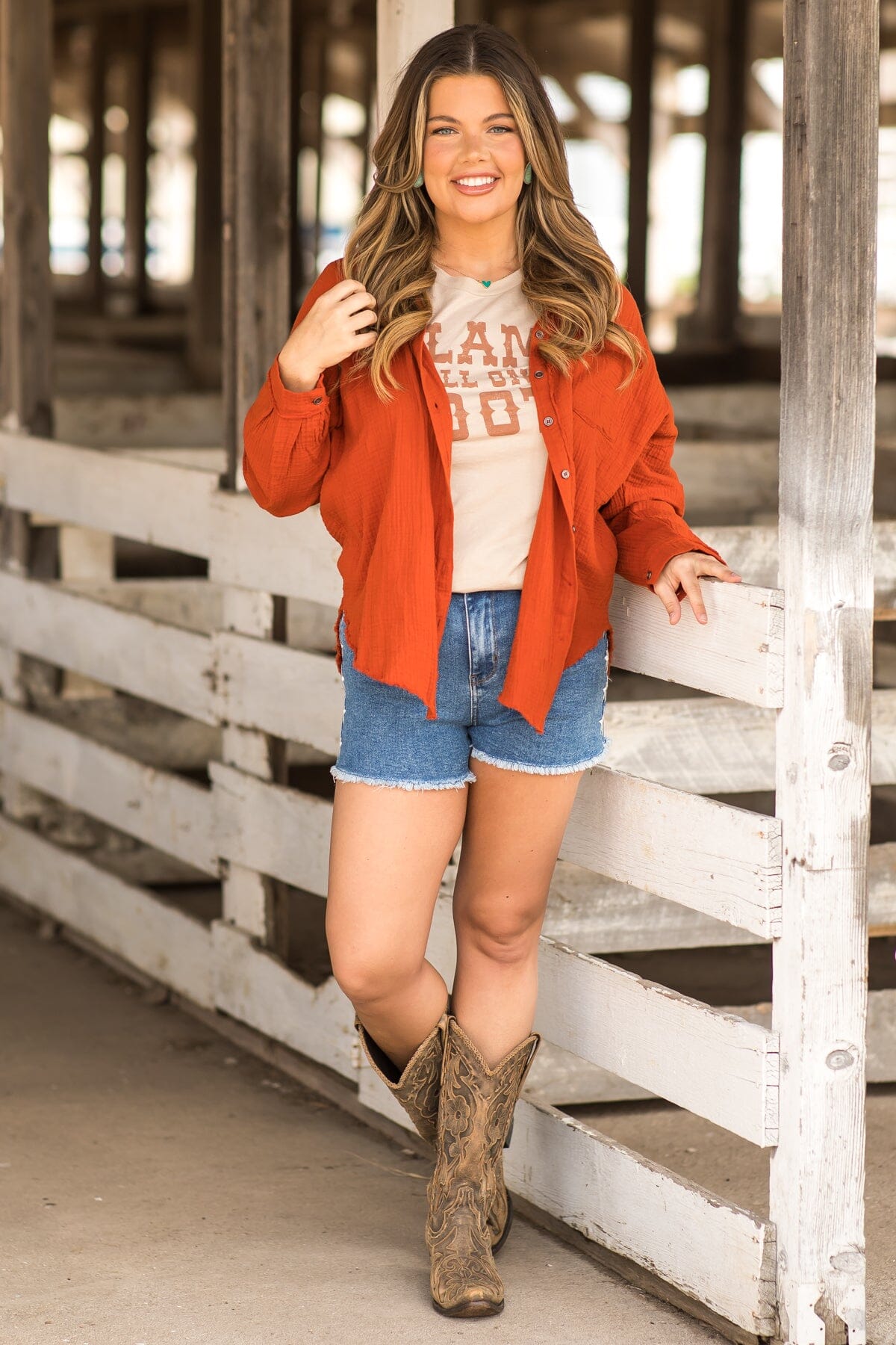 Burnt Orange Gauze Button Up Fray Hem Top - Filly Flair