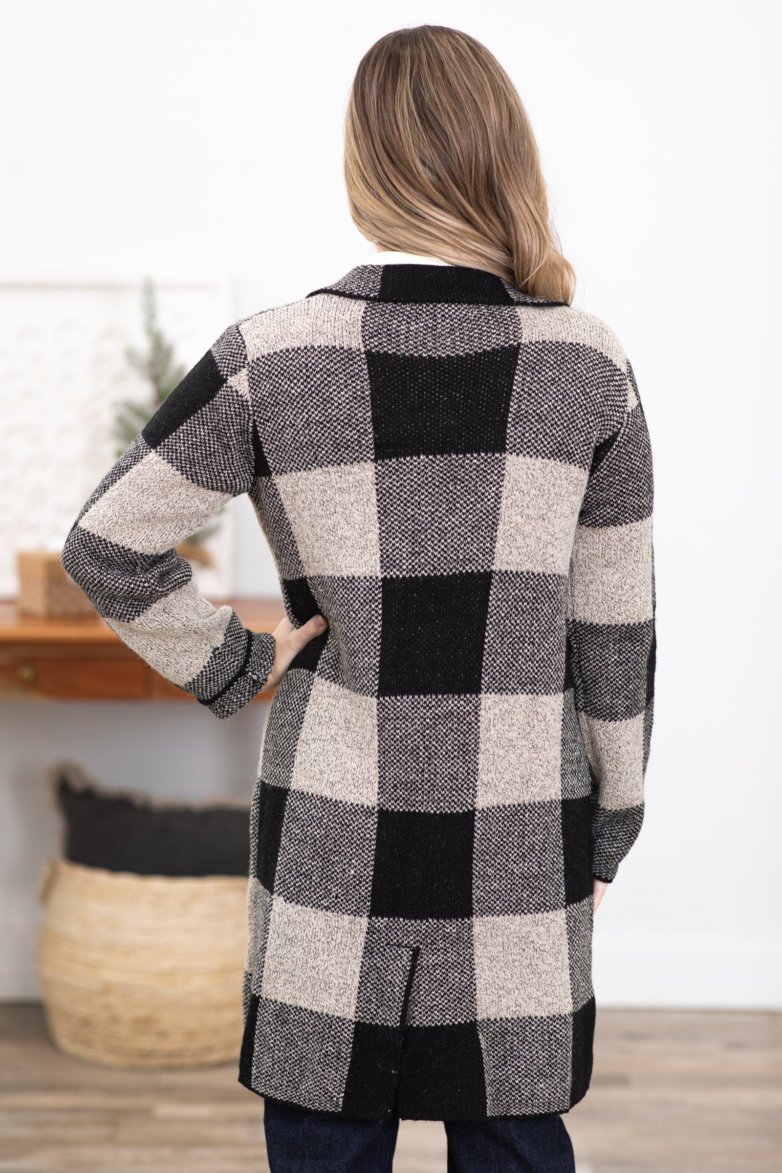 Black and Beige Buffalo Plaid Long Cardigan Filly Flair