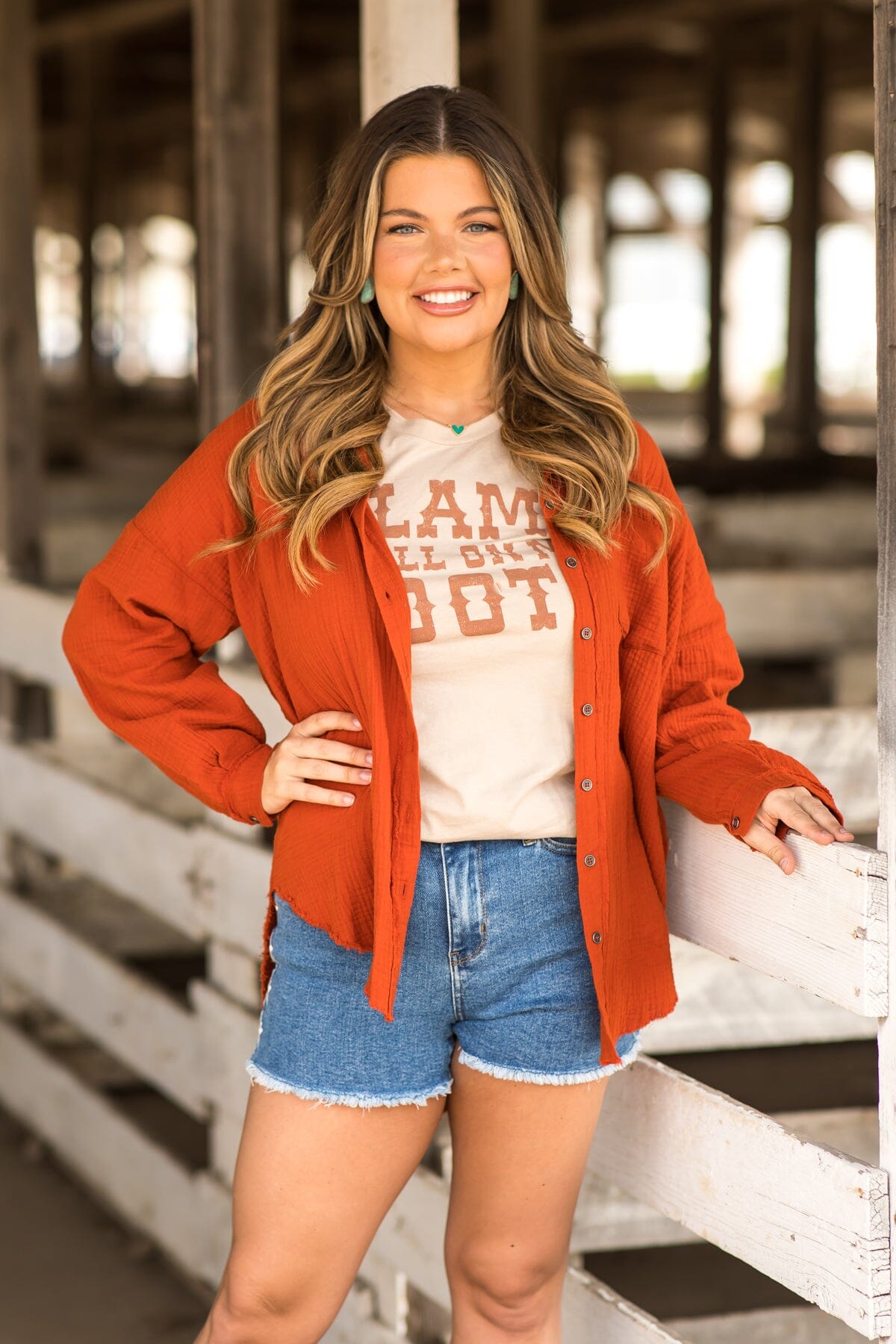 Burnt Orange Gauze Button Up Fray Hem Top - Filly Flair