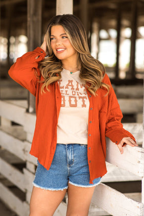 Burnt Orange Gauze Button Up Fray Hem Top - Filly Flair