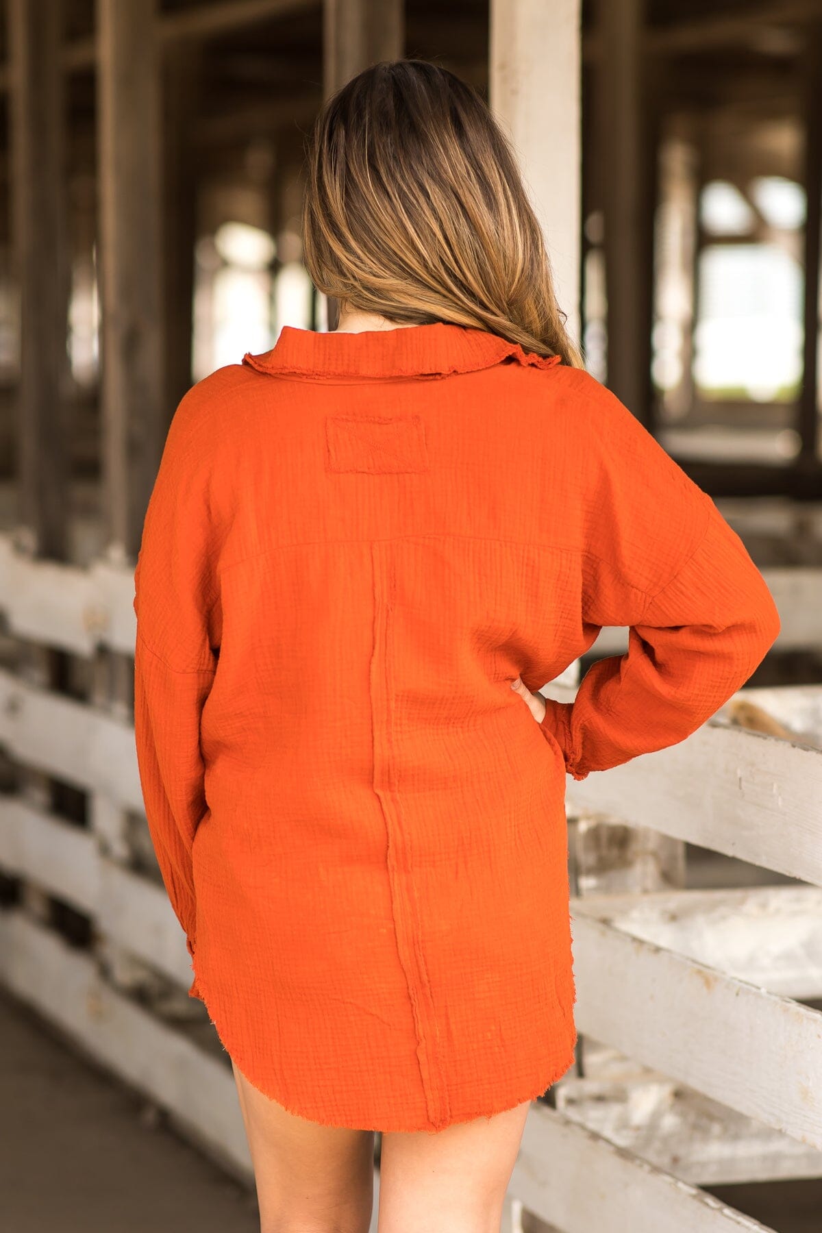 Burnt Orange Gauze Button Up Fray Hem Top - Filly Flair