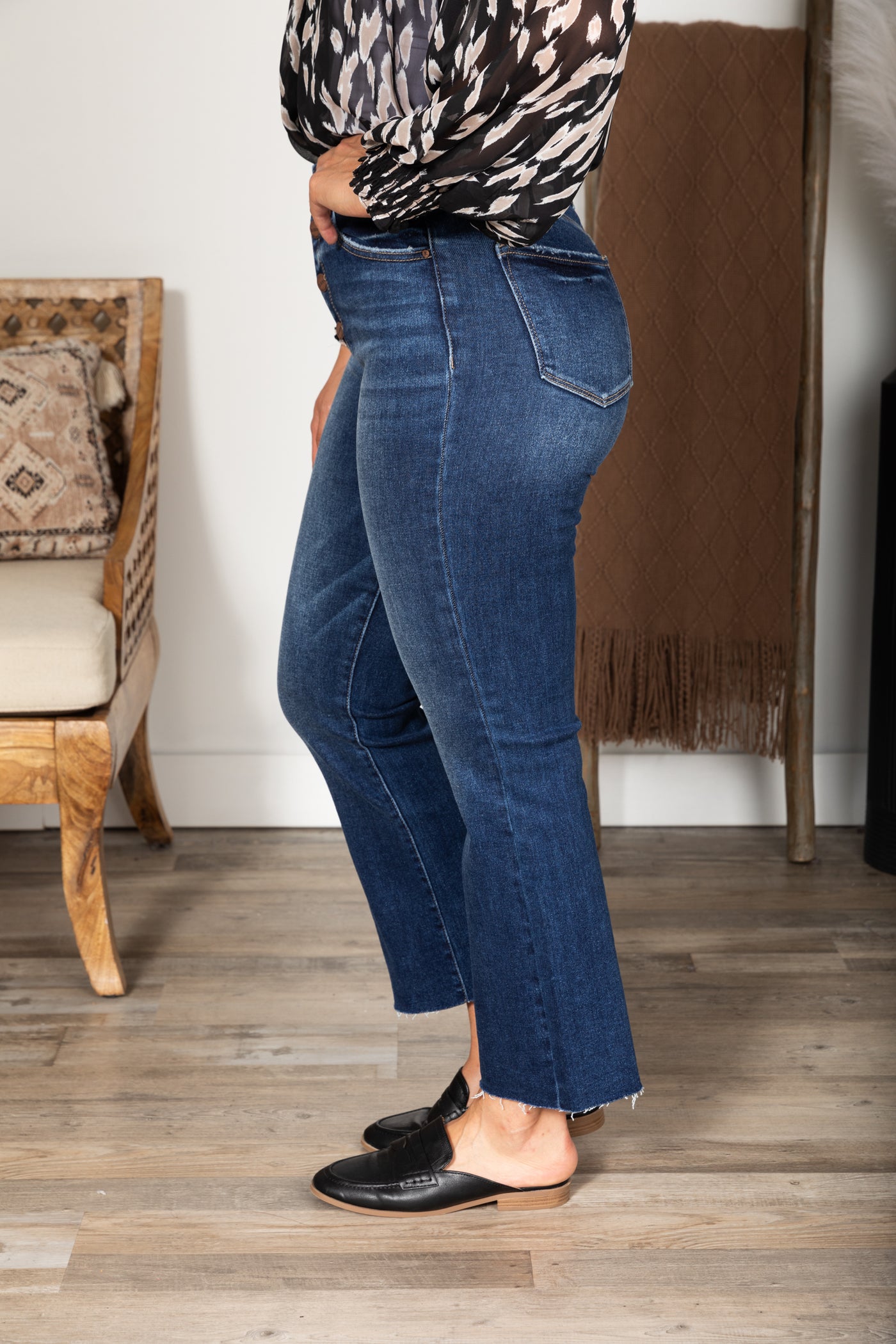 Risen Dark Button Closure Ankle Flare Jeans