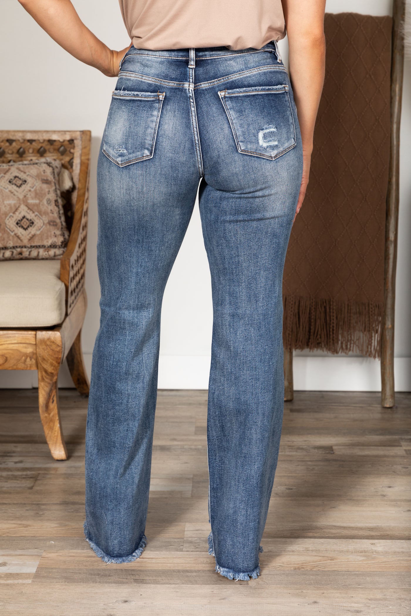 Risen Dark Wash Long Straight Jeans Fray Hem