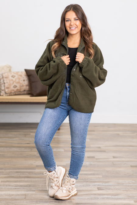 Olive Snap Front Fleece Jacket