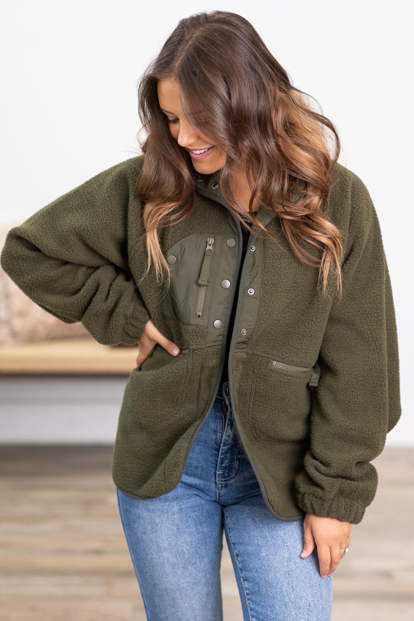 Olive Snap Front Fleece Jacket