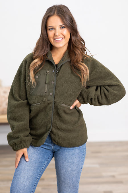 Olive Snap Front Fleece Jacket