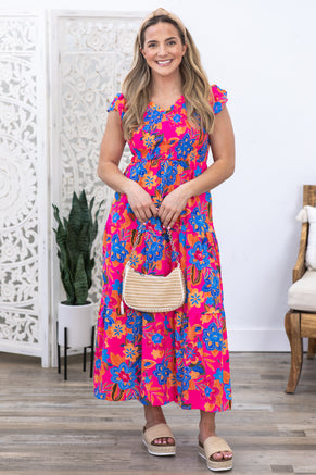 Fuchsia Boho Floral V-Neck Tiered Dress