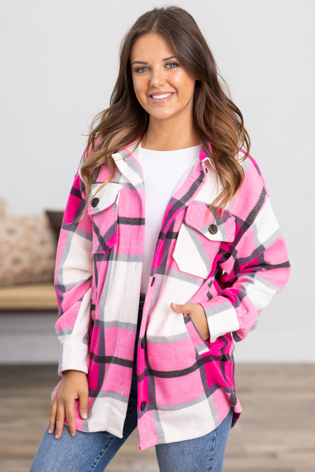 Hot Pink and Off White Plaid Shacket