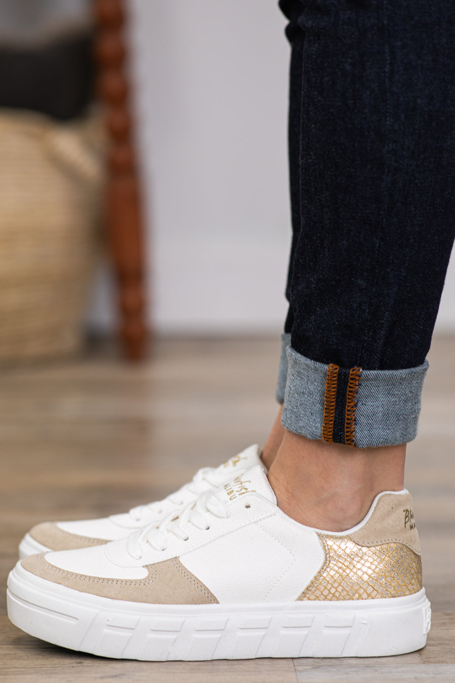 White and Tan Colorblock Platform Sneakers