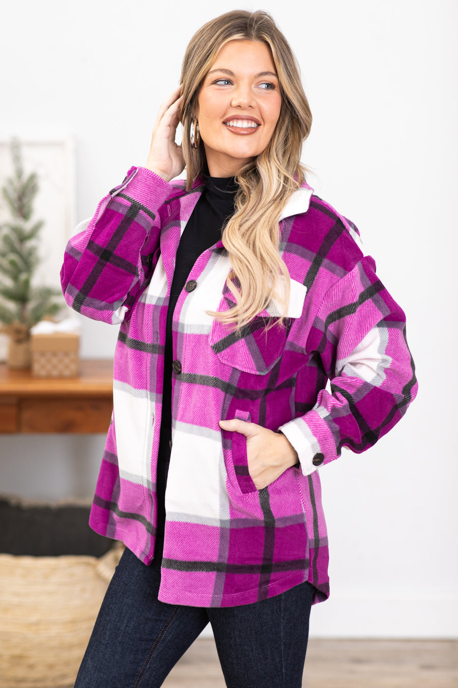 Orchid and Off White Plaid Shacket