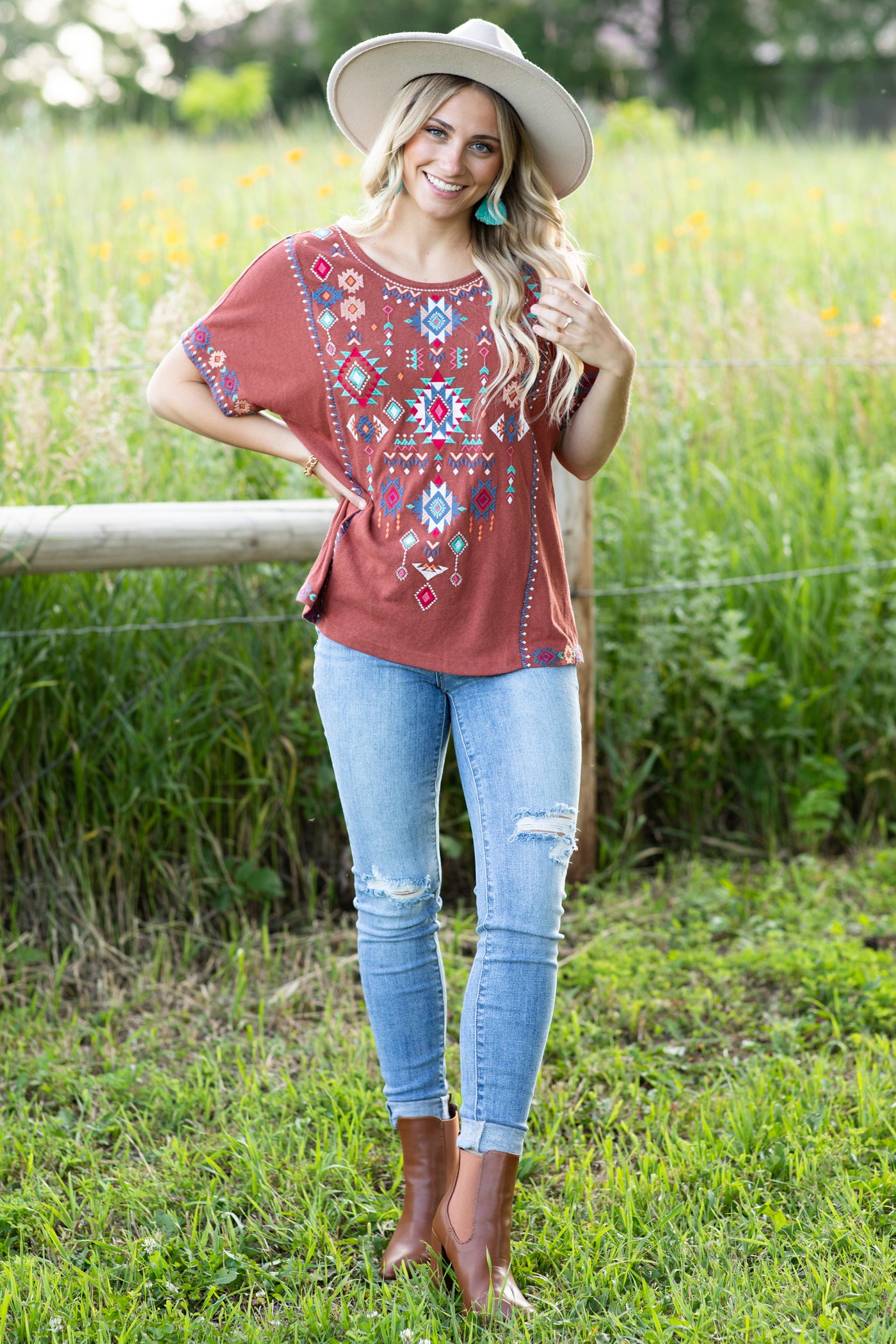 Rust Aztec Embroidery Detail Knit Top